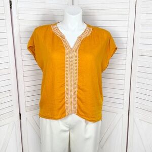 House of Harlow 1960 Embroidered Retro Linen Cap Sleeve Blouse Orange Large